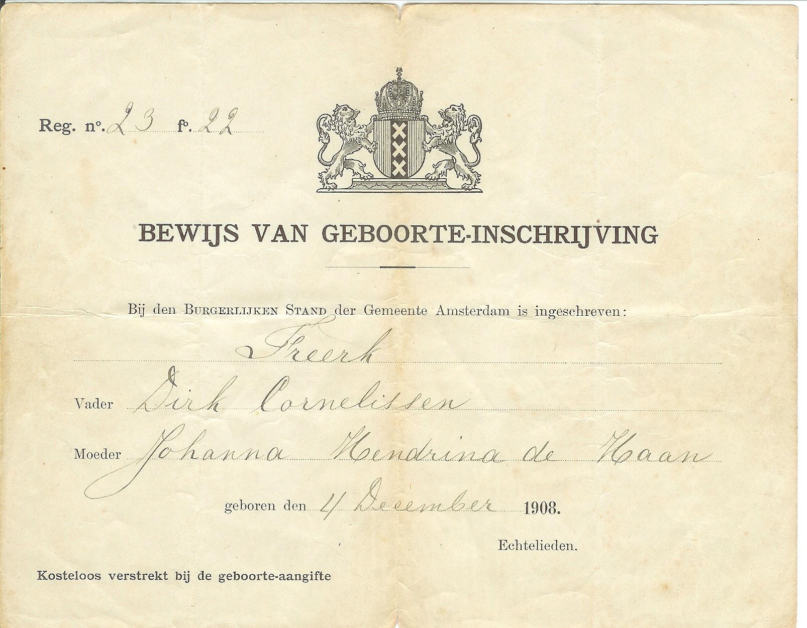 Geboortebewijs Freek Geboortebewijs Freek