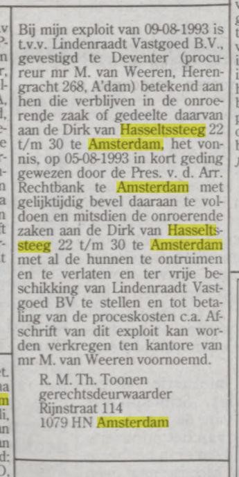 Uitspraak ontruiming Dirk van Hasseltsteeg uit Het Parool dd 11-08-1993